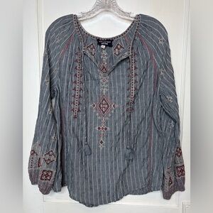 Johnny Was Workshop Gray Striped Boho Embroidered Blouse Avaline Marrakesh Sz M